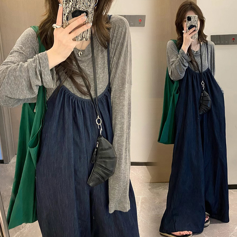New Style Maternity Wear: Loose-Fitting Washed Denim Casual Overalls + Fashionable Gray Top Set