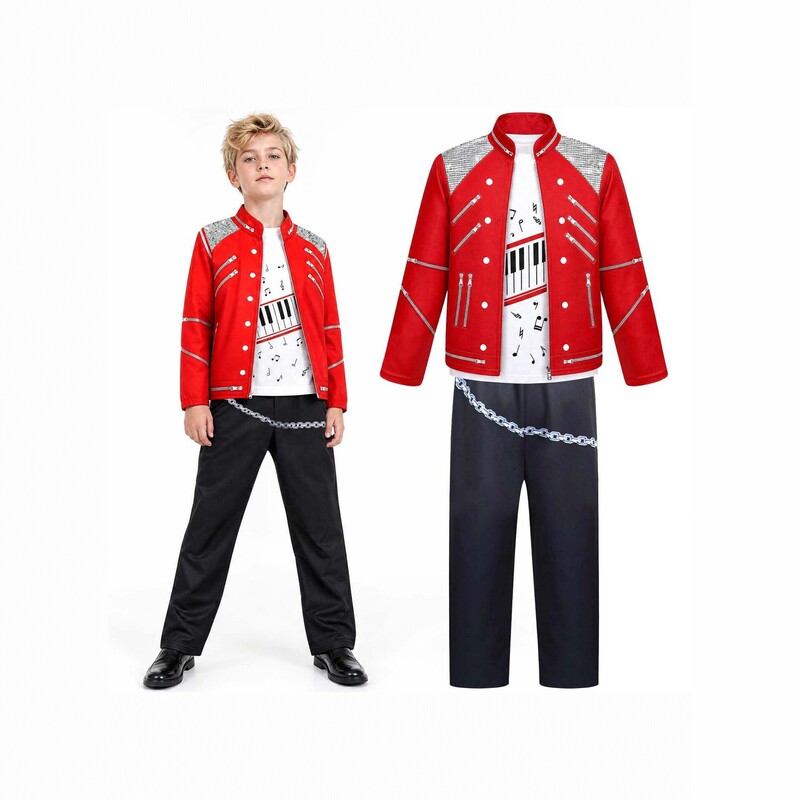 Children's Jackson cosplay costume red jacket T-shirt pants set Halloween rock star stage performance outfit Children's Jackson cosplay costume red jacket T-shirt pants set Halloween rock star stage performance outfit