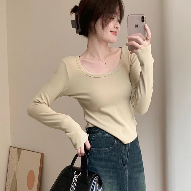 U-목 긴 소매; 살구색