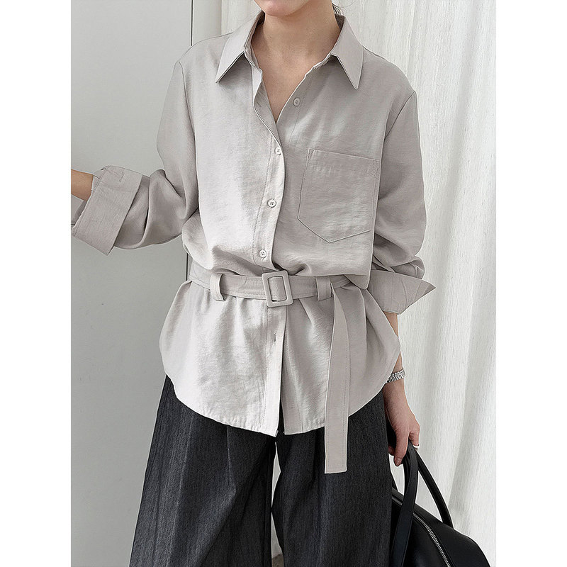 Lushi French Commuter Elegant Cardigan with Belt for Women Autum New Draped Lazy Style Top Shirt 3713