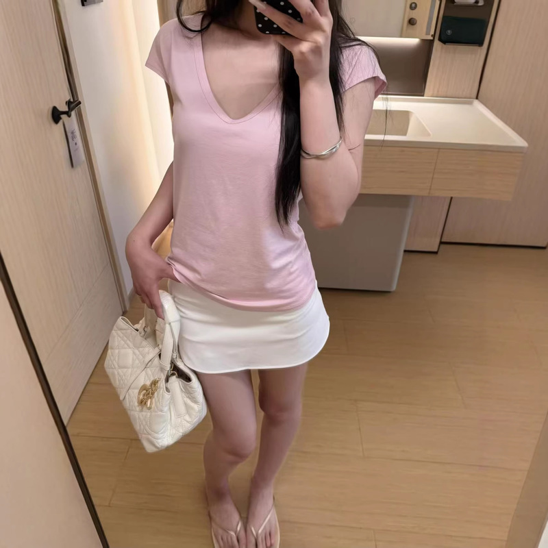 American-Style Spicy Girl Pink Flutter Sleeve V-Neck T-Shirt for Women, New Summer Slim-Fit Waist-Cinching Super Flattering Short-Sleeve Top