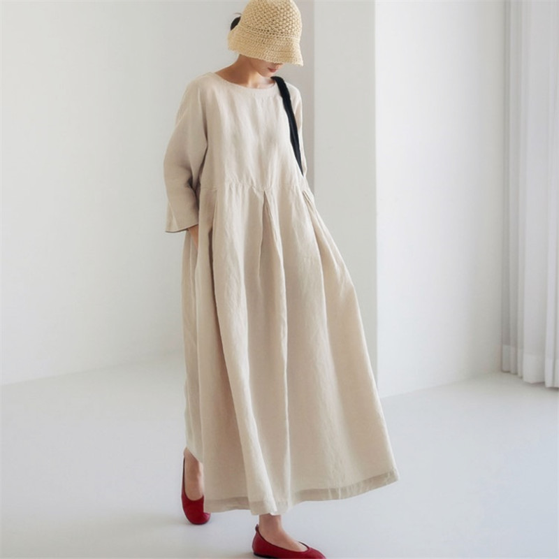 6840 Loose plus size dress 2025 Chubby Japanese Style Korean Style Cotton Linen Round Neck Pullover Solid Color Long Dress Large Swing Dress