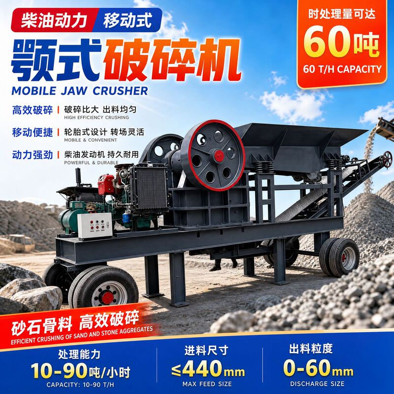 Diesel Engine Mobile Jaw Crusher, Capable of Processing 50 Tons Per Hour, Small Tire-Type Mobile Jaw Crusher for Sand and Gravel Aggregate
