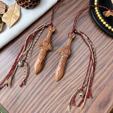 枣木雕刻七星剑符文兽首精雕桃木随身小吊坠挂件钥匙扣手机链车挂