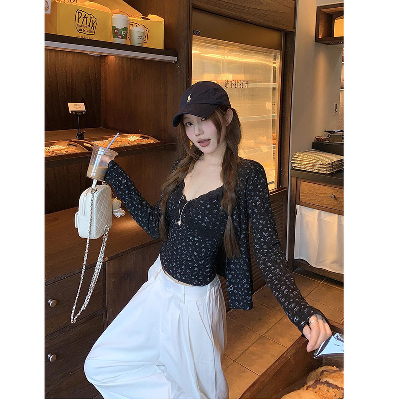 甜辣妹套装黑色碎花长袖开衫短款小外套女秋季吊带背心韩系两件套|undefined