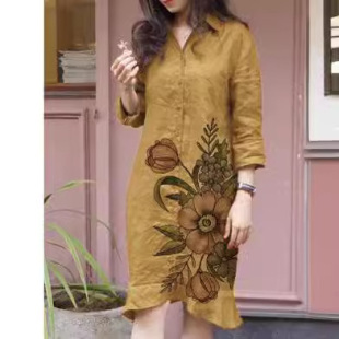 Amazon Spring and Summer Fashion Printed Cardigan plus size Loose Midi Irregular Long Sleeve Lags dress Women
