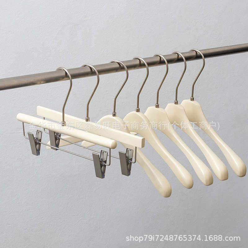 Clothing Store Solid Wood Clothes Hanger Wholesale Internet Celebrity Milk White Clothes Hanger Wooden Off-White Women's Clothing Seamless Wide Shoulder Large Clothes Hanger Trouser Clip