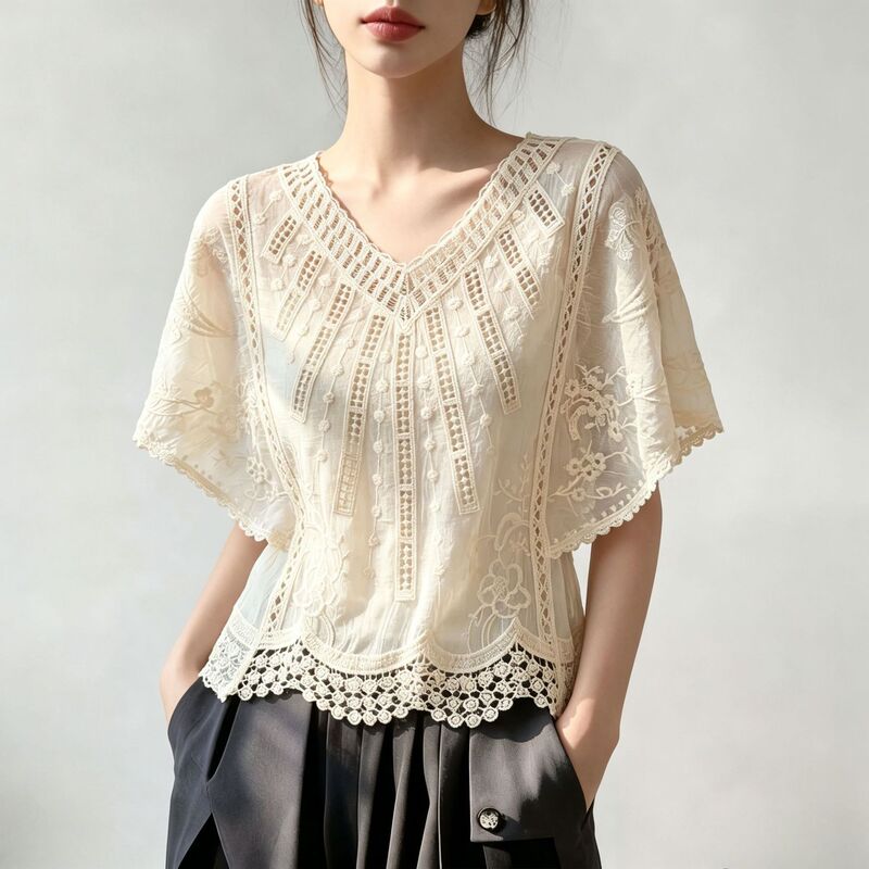 Plus-size summer V-neck lace loose-fitting slimming women's top with hollow embroidery short-sleeve shirt in forest style Plus-size summer V-neck lace loose-fitting slimming women's top with hollow embroidery short-sleeve shirt in forest style
