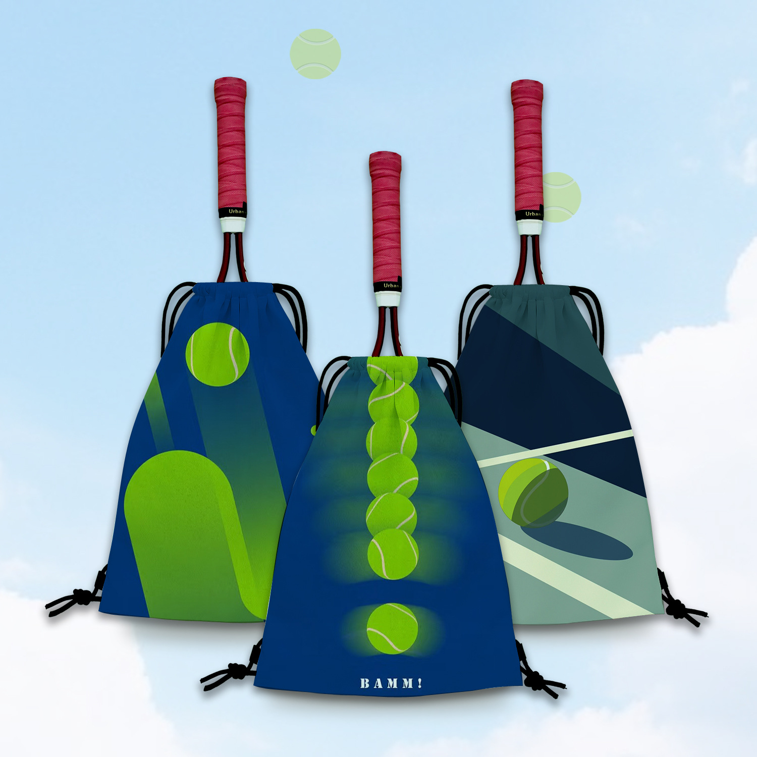 Tennis Illustration Tennis Bag Shoulder Drawstring Tennis Racquet Storage Bag Primary School Student Portable Large Capacity Tennis Protection Bag