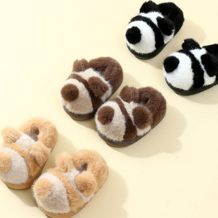 2025 Autumn/Winter New Cute Cartoon Panda Warm Home Cotton Shoes Parent-Child Children's Furry Slippers with Fleece and Covered Heel