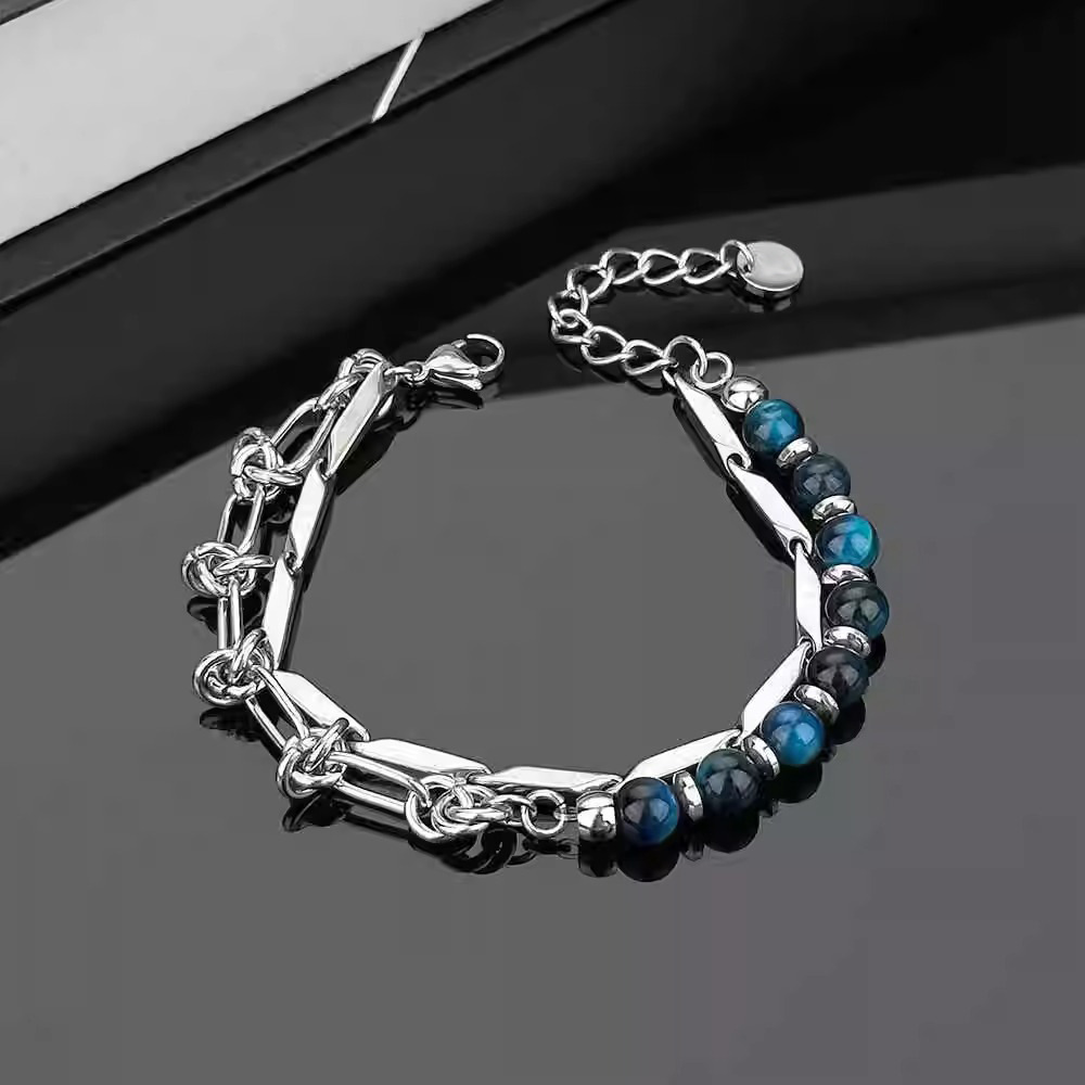 Double-Layer Blue Tiger Eye Stone Titanium Steel Bracelet for Men and Women Ins Design National Trend Niche Retro Hip-Hop Hand Accessories