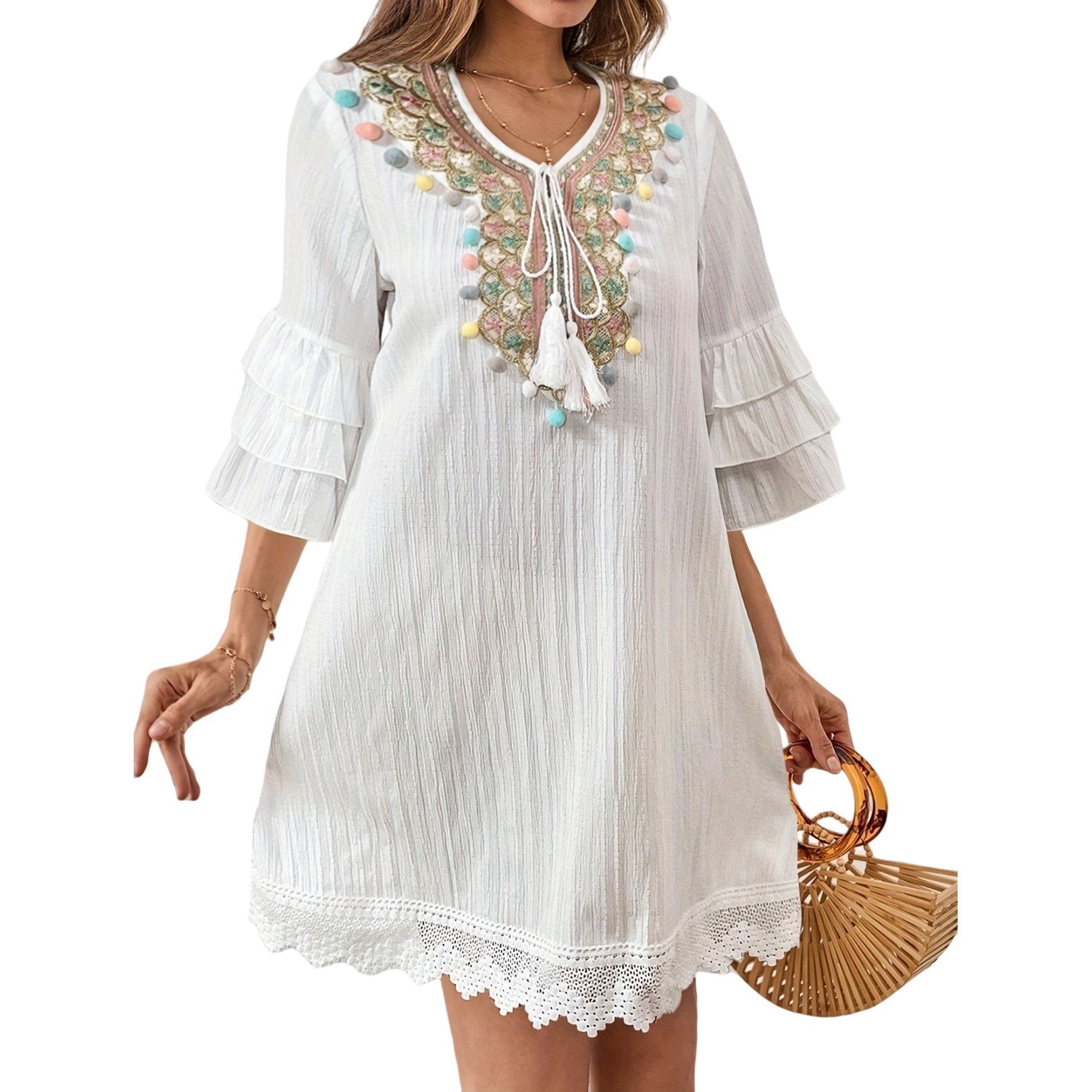 2025 Amazon Cross-Border Colorful Pom-Pom Tassel Pure Color Lotus Leaf Sleeve Lace Casual Bohemian Dress for Women
