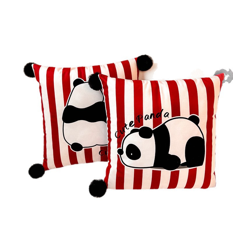 Almohada con estampado de panda de tira vertical, funda de almohada, sofá de sala de estar, almohada de cintura abstracta con estampado de cabecera, bola de pelo
