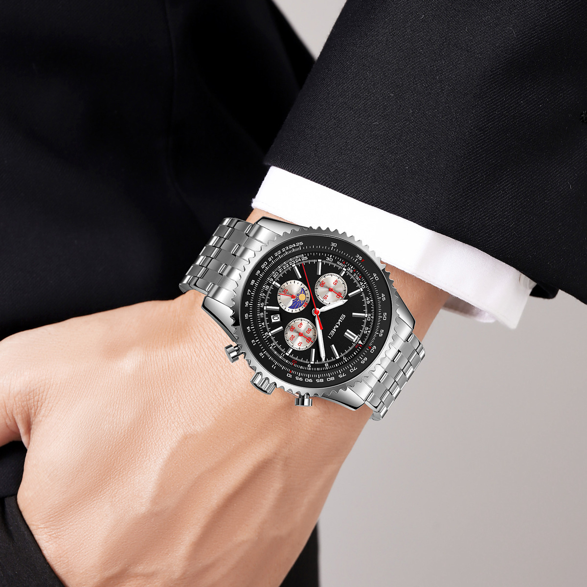 Momento de los Estados Unidos transfronterizos para hombres reloj de acero correa de tres ojos seis agujas multifuncional reloj de pulsera horario de estrellas al por mayor