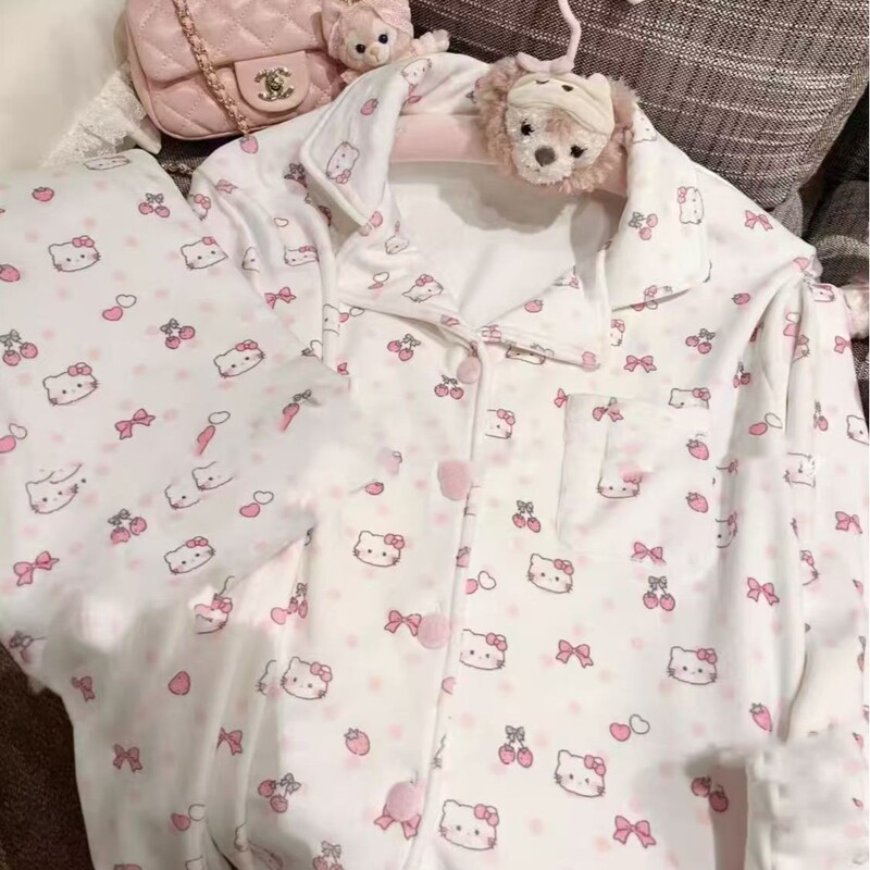 超萌满印凯蒂猫睡衣女秋冬季保暖德绒长袖长裤套装美少女家居服|undefined