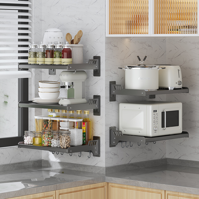 Kitchen microwave shelf without drilling, wall-mounted oven rack, household wall-mounted storage rack holder