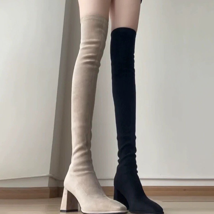 Plus Size High-Heeled Boots for Women Winter New Square Toe Elastic Slim Boots Over-The-Knee Boots High Suede Boots Black Plus Size High-Heeled Boots for Women Winter New Square Toe Elastic Slim Boots Over-The-Knee Boots High Suede Boots Black