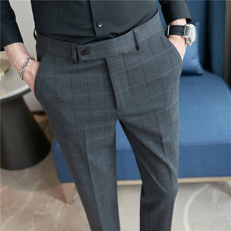 Pantalones de traje de hombre al por mayor de comercio exterior pantalones casuales de negocios pantalones de Traje a cuadros delgados sin planchar pantalones de hombre verde image 7