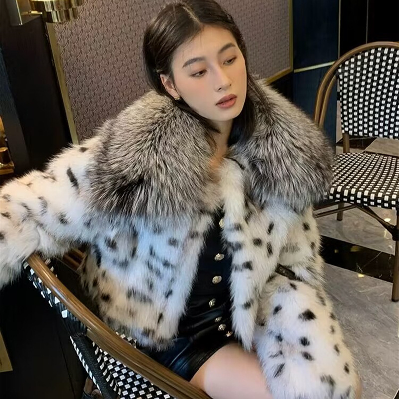 Women's Clothing fur lynx leopard print short fur coat for women new silver fox fur collar top fashion celebrity_voghion.com