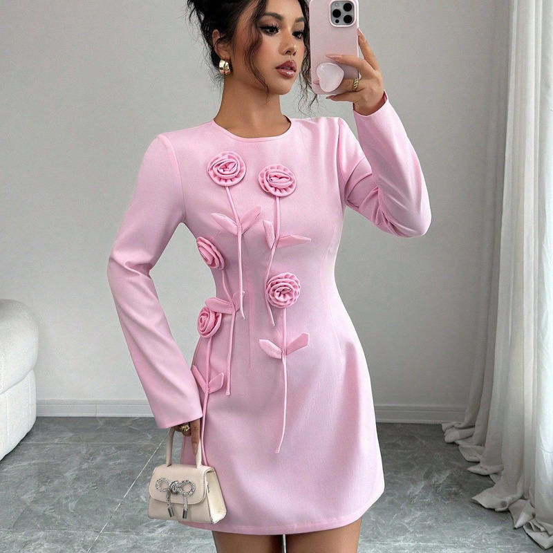 Temu Amazon Elegant Women's Autumn Mini Dress Solid Color 3D Floral Decoration Suitable for Commuting Waist-Fitted