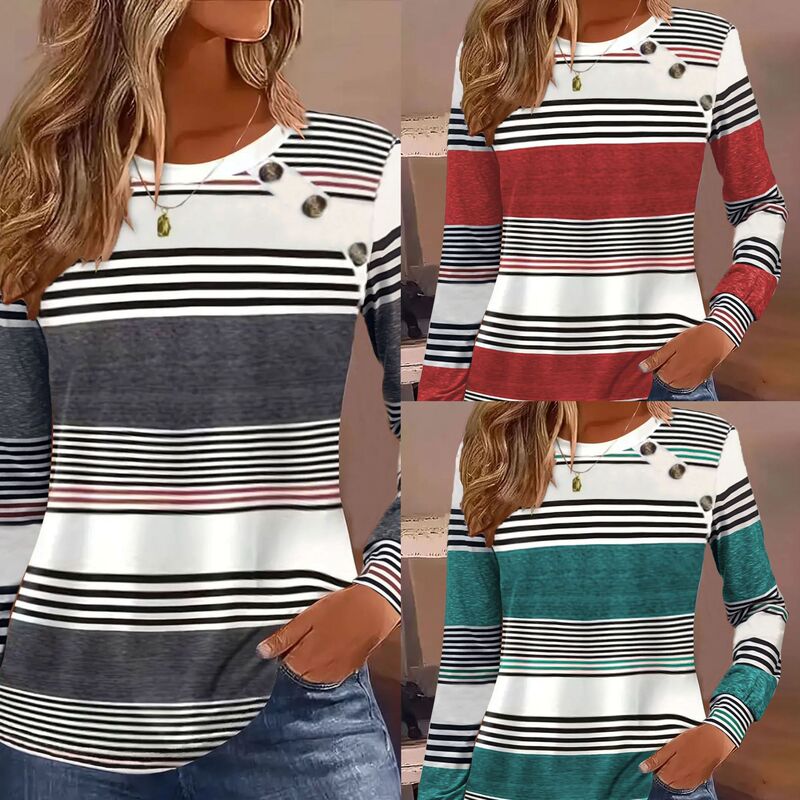 Europe and the United States cross-border foreign trade women's clothing explosions independent station shein Amazon temu casual button striped long sleeve T-shirt
