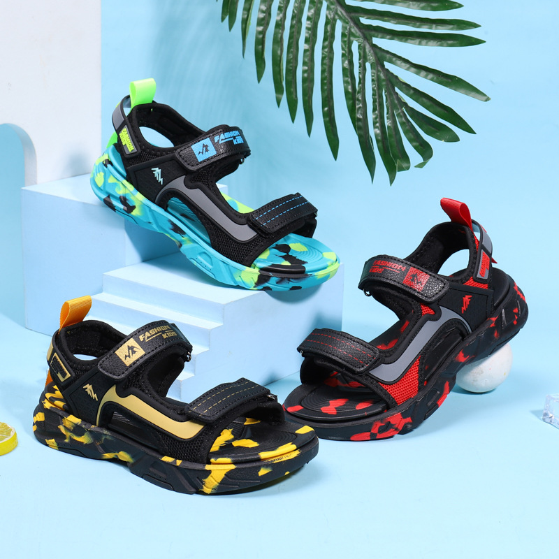 男童镂空凉鞋露趾迷彩中大童软底童鞋男孩儿休闲沙滩鞋子卡通跨境