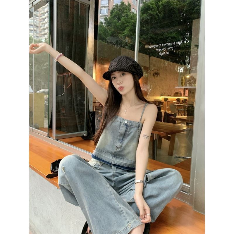 时尚气质减龄套装女夏季2025新款吊带背心高腰破洞牛仔长裤两件套|undefined