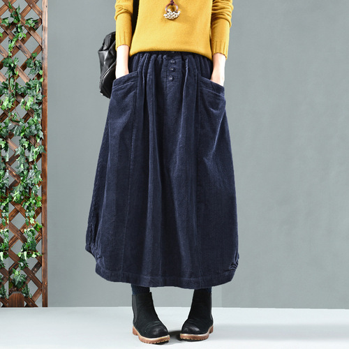 Retro Artistic Mid-Length Autumn/Winter Women's Skirt—Patchwork Pocket Corduroy Bud Skirt, Slimming A-Line Skirt