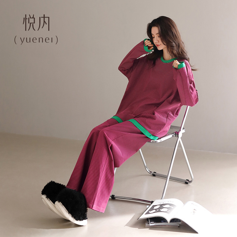 悦内睡衣女春秋款秋季纯棉长袖长裤家居服宽松大码条纹显白莓红色|undefined