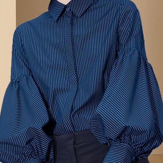 Striped Shirt Women's 2025 Autumn and Winter New French Retro Design Niche Outer Top Lantern Sleeve Shirt