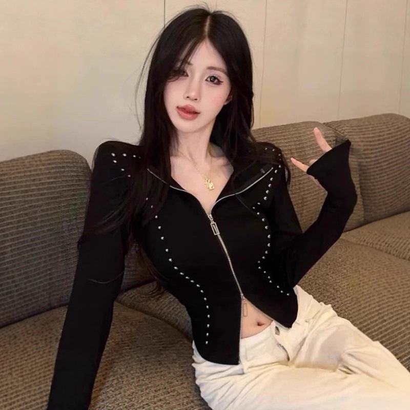 Trendy Women's Short Cardigan with Rivet Line Design, Stand Collar, Long Sleeves, Waist-Cinching, Double Zipper Trendy Women's Short Cardigan with Rivet Line Design, Stand Collar, Long Sleeves, Waist-Cinching, Double Zipper