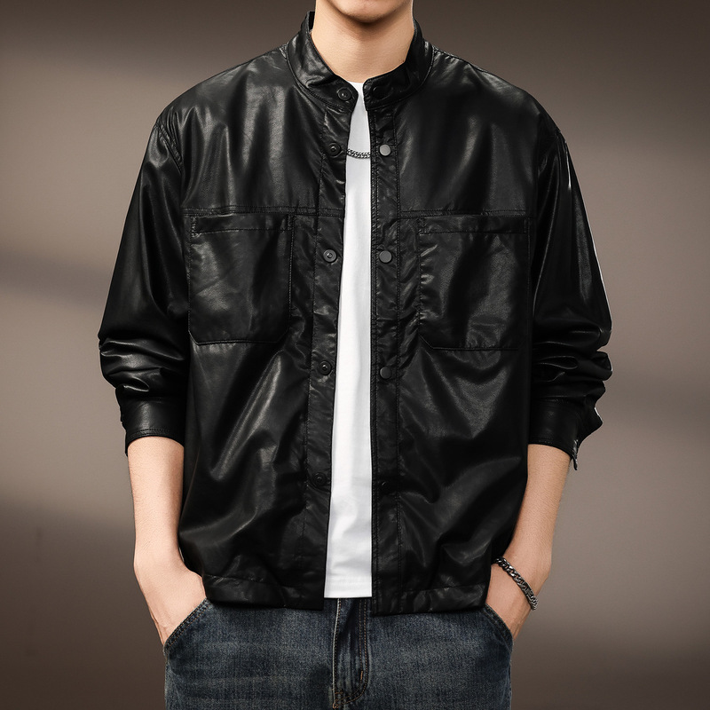 American Retro Solid Color Leather Jacket for Men, Autumn Niche Trendy High Street Cool Loose Pilot Jacket for Men