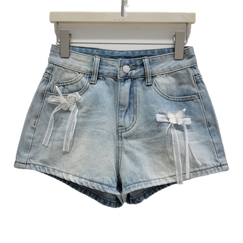 Pantalones Cortos de Mezclilla con Decoración de Moño de Poliéster Cintura Baja image 5