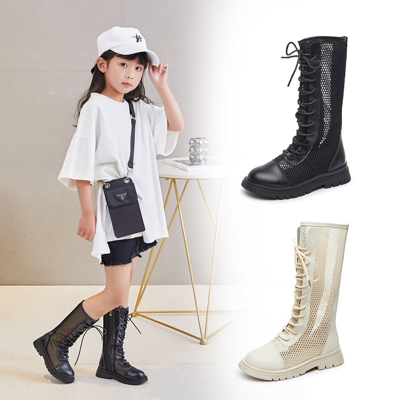 Children's Martin Boots 2023 Summer Korean Style Girl's Hollow Strap High-top Cool Boots Fashion Princess Flat Long Boots