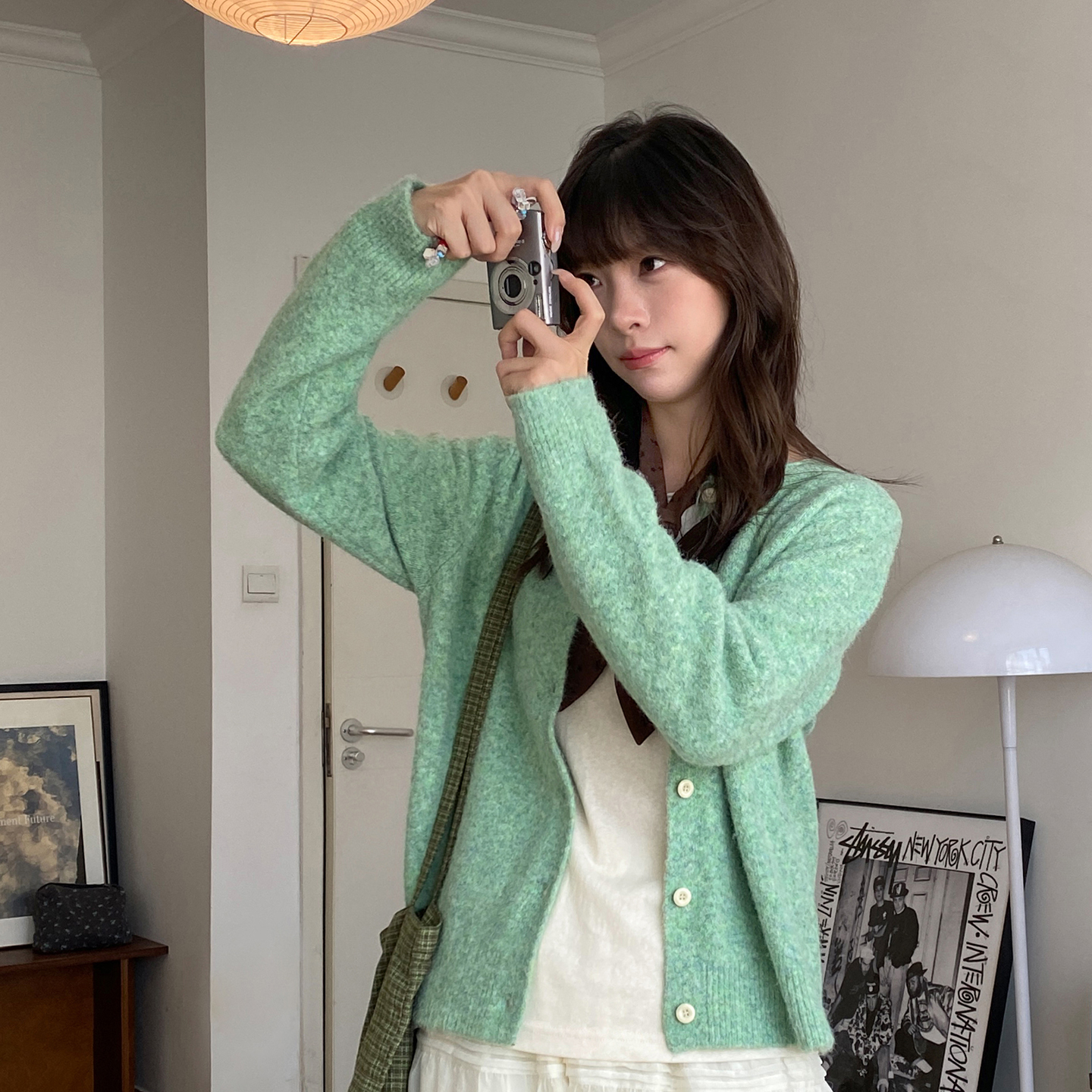 奶兔星球-自制 花纱绒绒色小卷边毛衣开衫外套女秋季针织衫衣