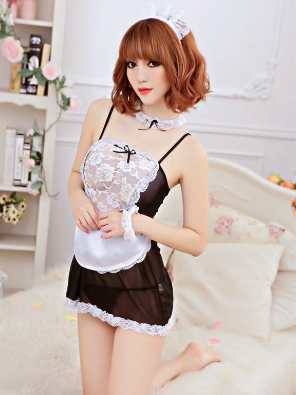 Maid Cosplay Costume Set with Mesh Overlay, Apron, Headpiece and Accessories — detail image 2