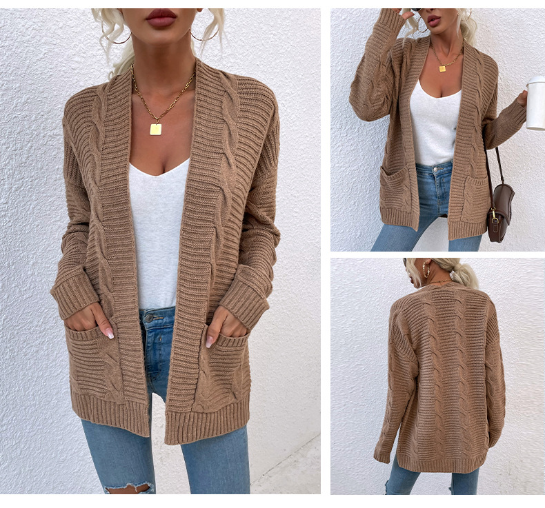 Twist Mid-Length Pocket Knitted Cardigan Coat in Sweaters