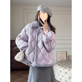 2025冬季新款时尚新色衬衫式淡紫色小香风菱格羽绒棉服女短款