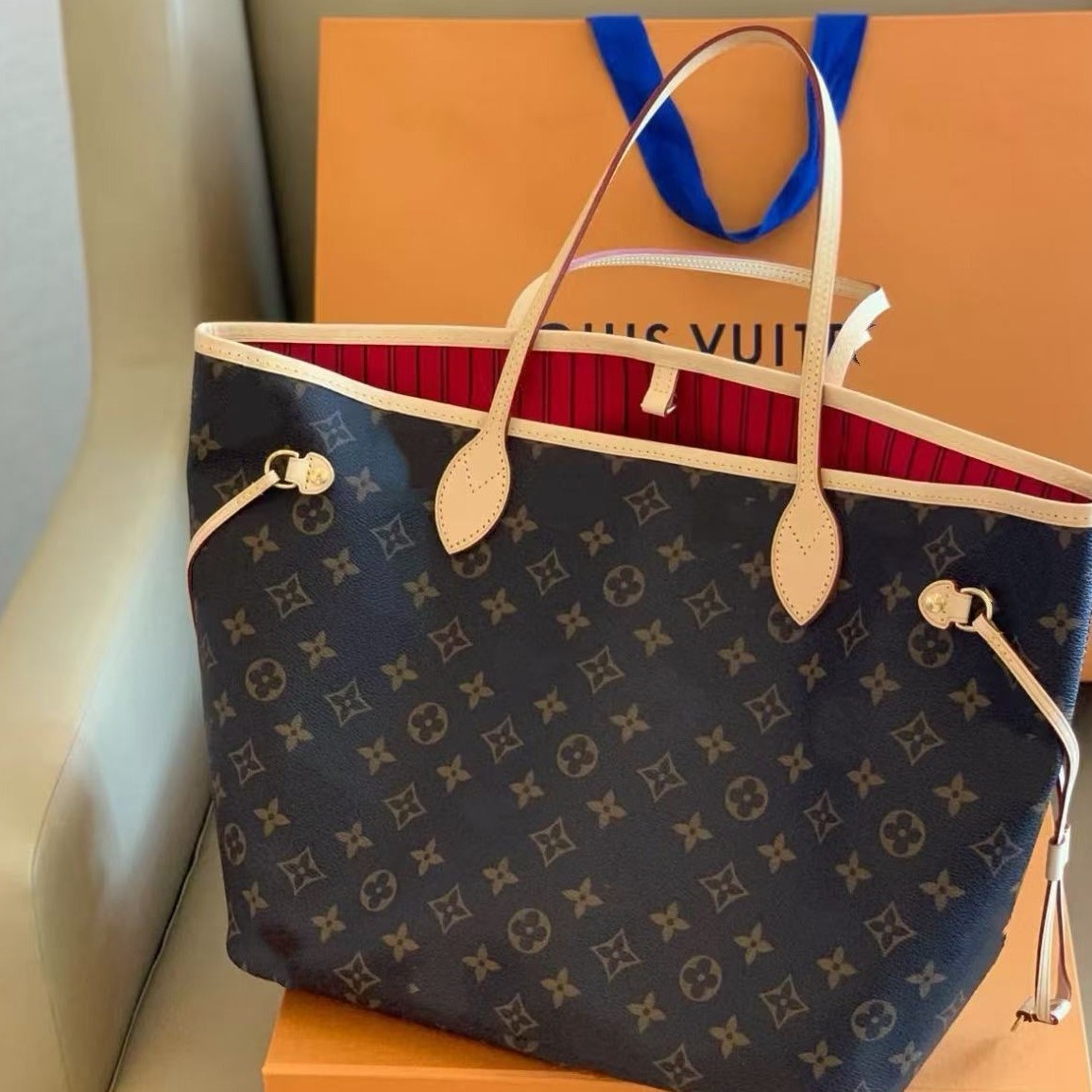L'Orbain's classic Neverfull medium-sized tote bag, large-capacity shopping bag, shoulder bag, mother-and-daughter bag