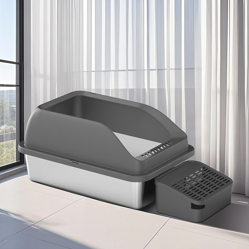 La caja de arena para gatos de acero inoxidable es fácil de limpiar, ensanchar, engrosar, arena a prueba de fugas, gran espacio, inodoro para gatos abierto, protección contra salpicaduras externas, arena