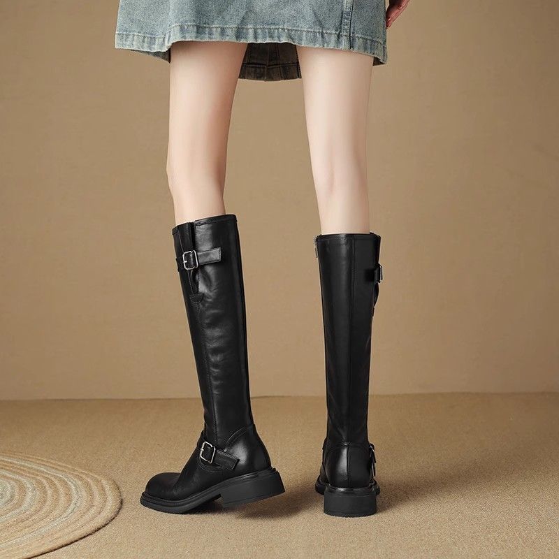 女性のためのソフトレザーレトロ厚いヒールブーツ 2025 秋と冬の新しいファッションスリムハイブーツ小騎士ブーツ|undefined