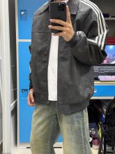 灰色cleanfit美式复古pu皮外套男秋冬季潮牌高级感翻领飞行员夹克