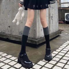JK小腿襪 灰黑雙色洛麗塔長筒襪黑色灰色拼接過膝襪JK女孩長襪