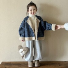 女童牛仔羊羔绒外套短款秋冬2025新款儿童加绒加厚女孩皮毛一体绒