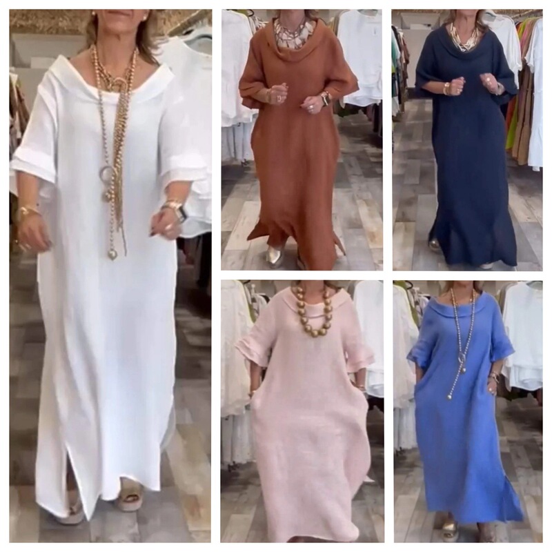 2024 European and American Cotton and Linen Women's Summer Casual Dress with Side Slits, Solid Color, with Pockets, Long Dress, Linen Maxi Dress