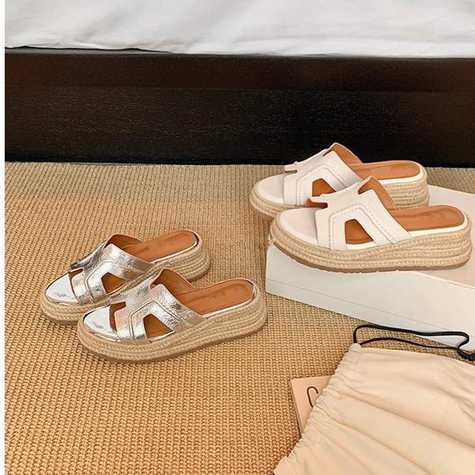 [Same Style as Grape Mom] High-End Version ~ Vacation H-Shaped Hemp Rope Woven Wedge Heel Thick-Soled Beach Slippers for Women Summer Sandals
