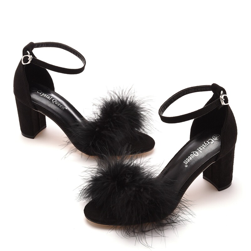 7cm Chunky Heel Sandals Shallow Strap Sandals with Feathers Round Toe Square Heel Fashion Casual Summer Sandals Plus Size