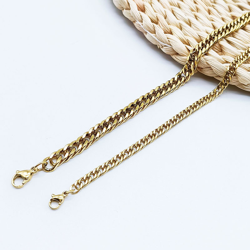 Collana in oro inossidabile, intrecciata, doppio bottone, quattro lati, acciaio al titanio, catena cubana spessa e larga, da uomo_voghion.com