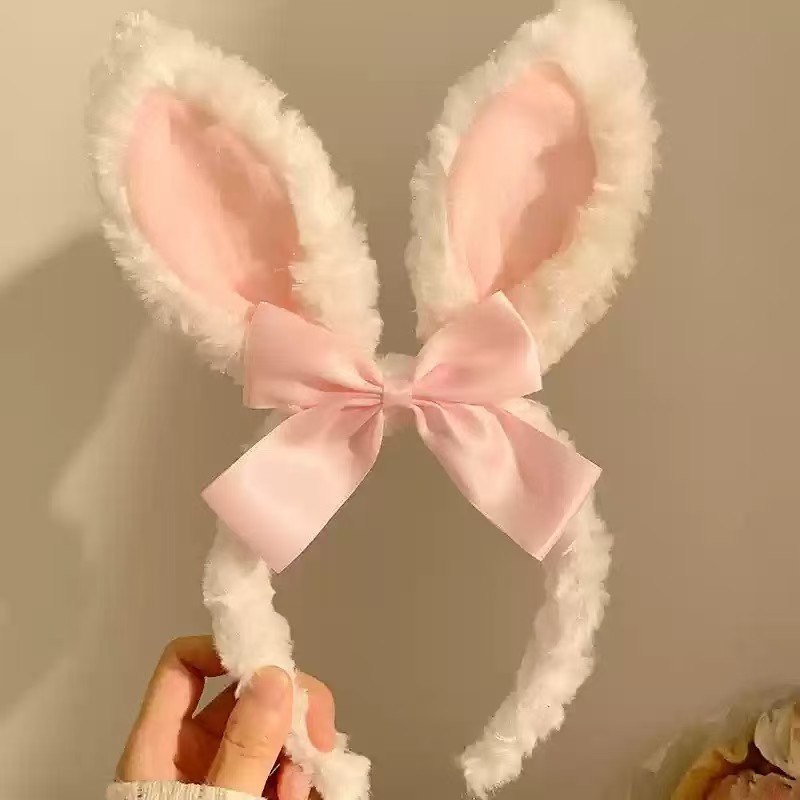 新しいかわいいリボンウサギの耳ぬいぐるみヘッドバンドレース洗顔ヘッドバンド子供のヘアピン帽子卸売|undefined