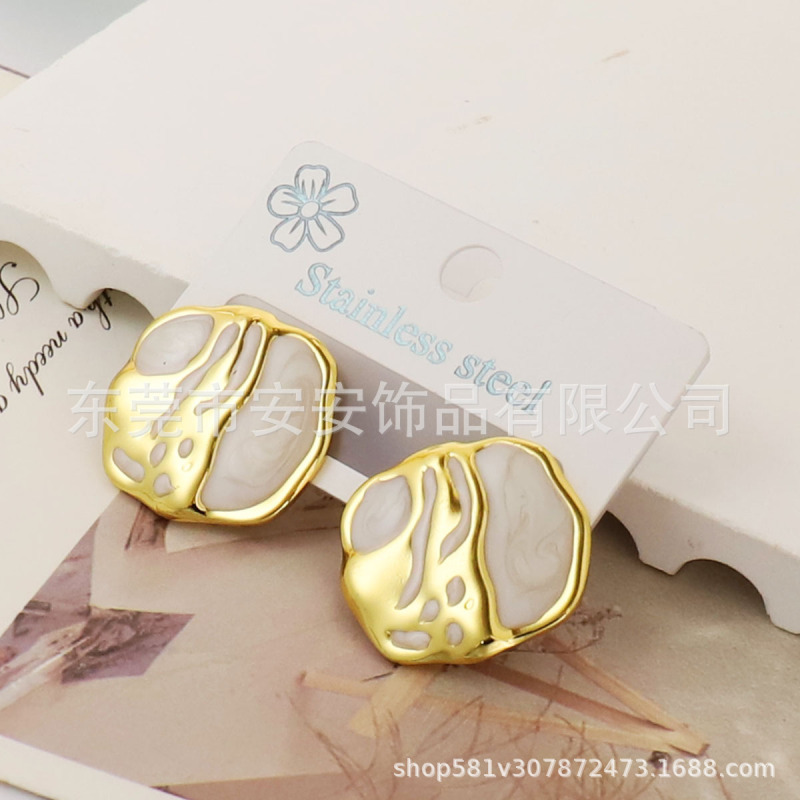 跨境轻奢高级感不锈钢方形白色滴釉爱心耳环女小巧精致时尚耳钉|undefined